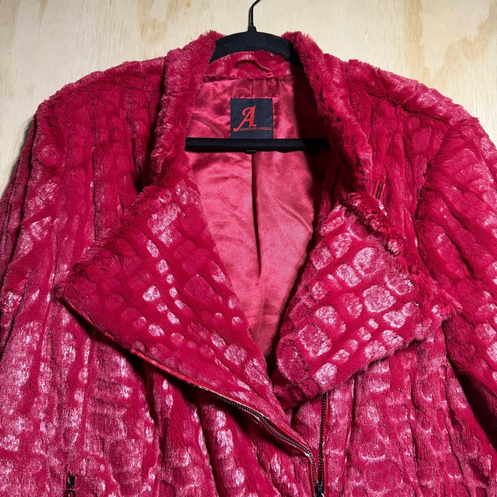 Adrienne Landau Red Faux‎ Fur Croc Embossed Zip Jacket Women’s 2X Plush Luxe - Picture 8 of 12